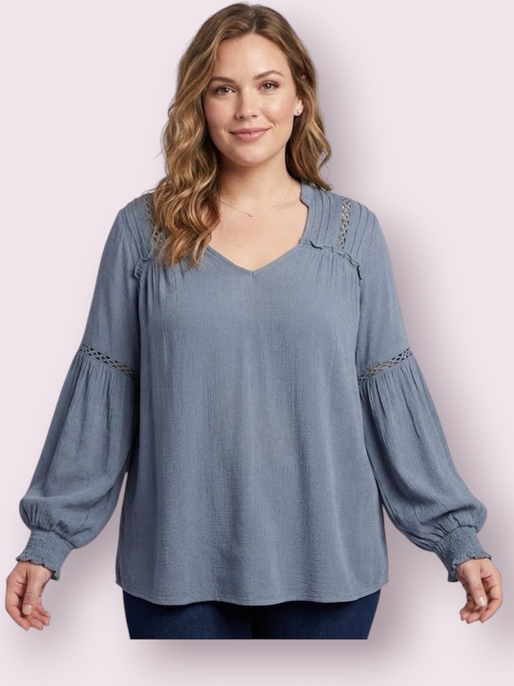 Pleione Boho Balloon Sleeve Top Smocked Cuffs Gray Size Medium